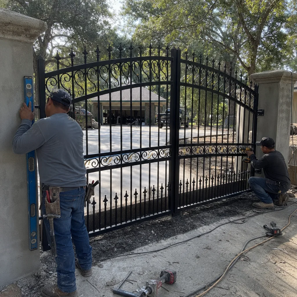 Two contractors installing a custom wrought iron driveway gate.