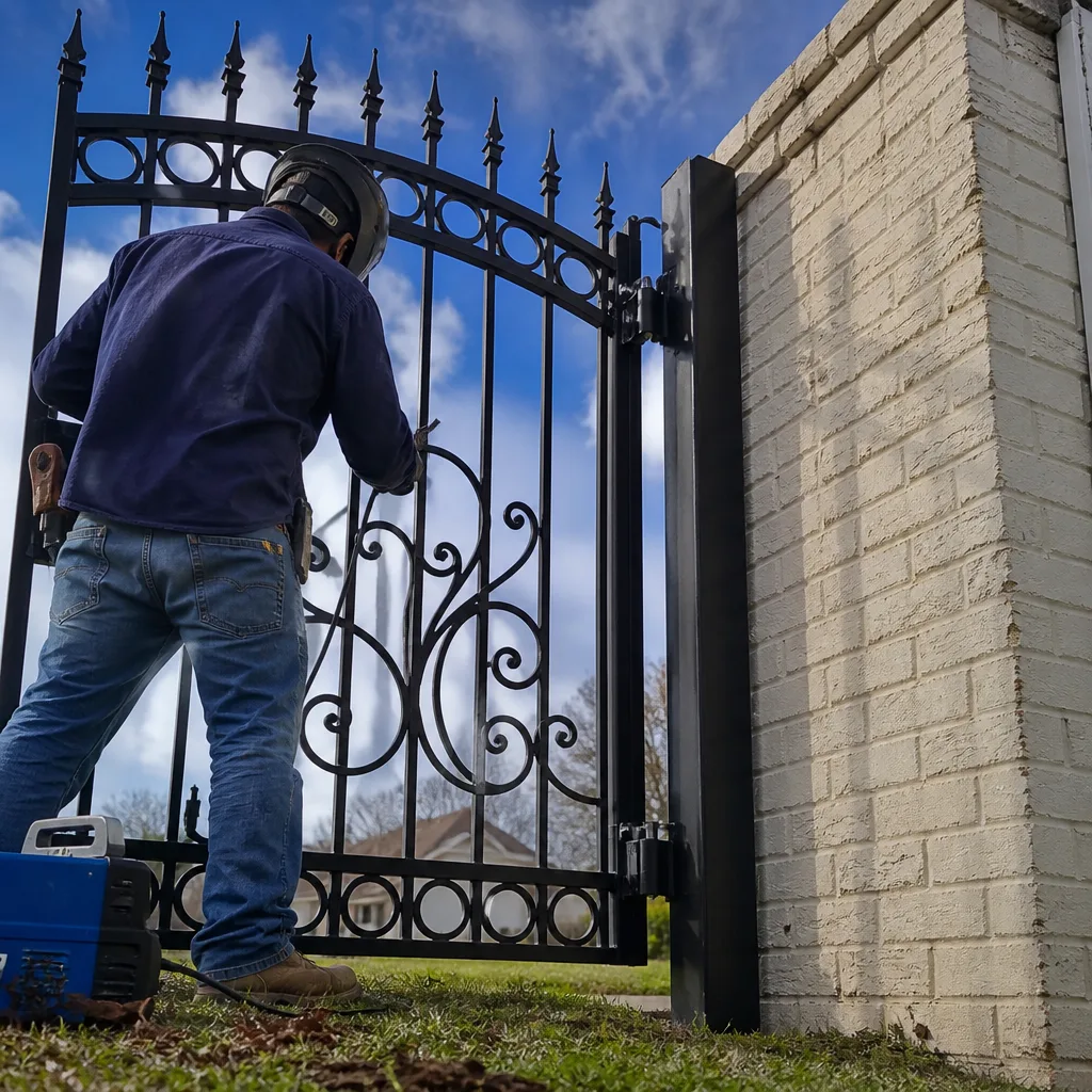 Professional technician performing wrought iron gate repair and welding installation