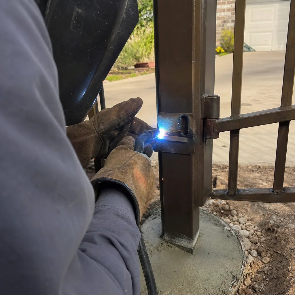 Professional welding technician performing expert gate repair and metal fabrication service