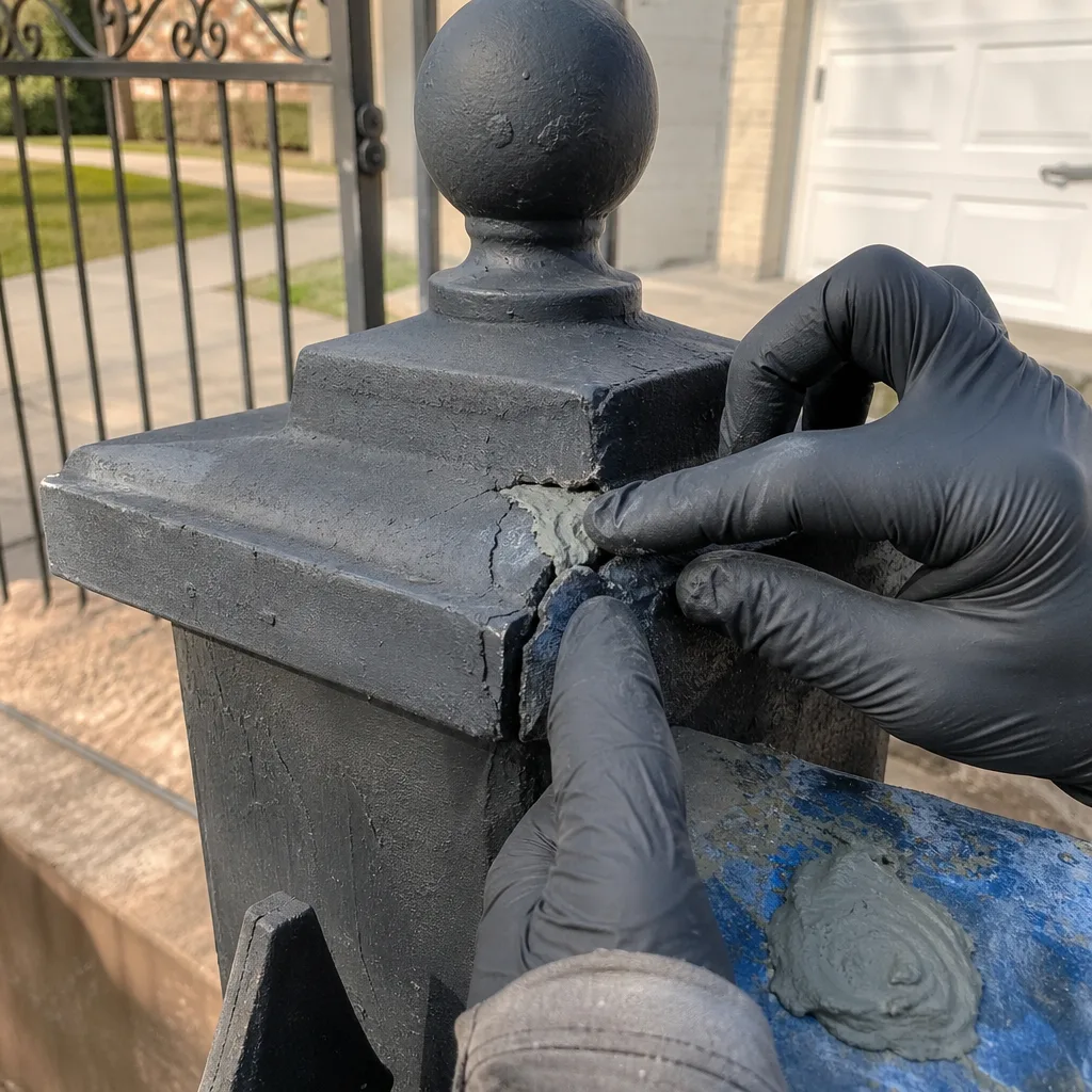 Gloved hands applying repair putty to a cracked metal fence post