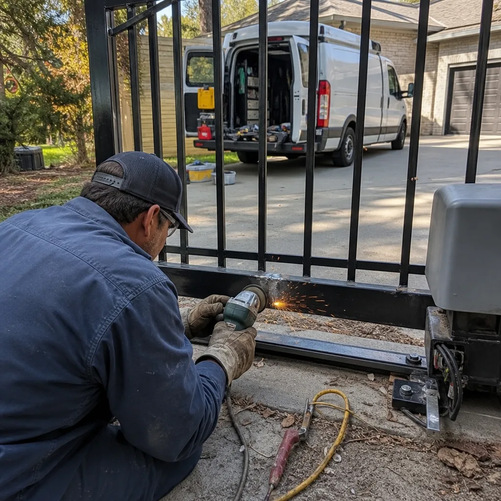 Technician using an angle grinder to perform professional metal gate repair