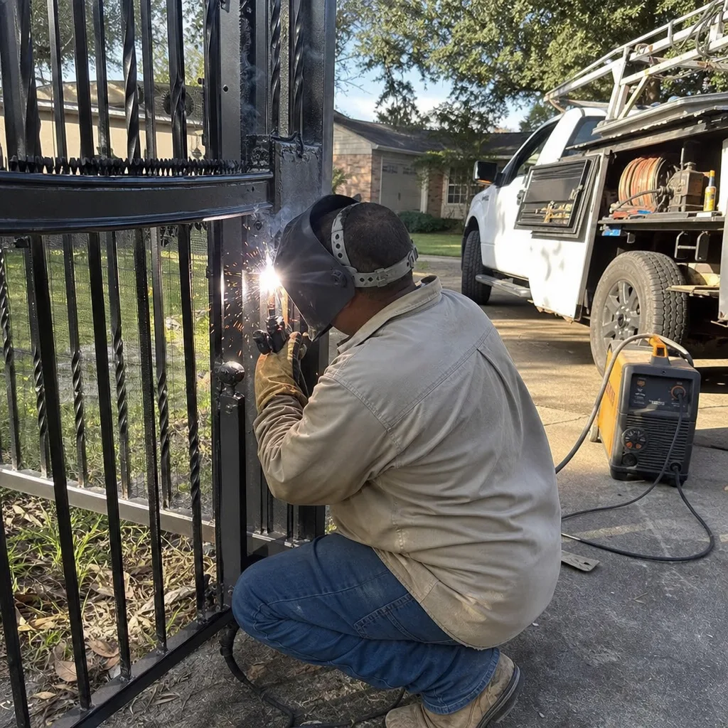 Professional welder performing metal gate repair work